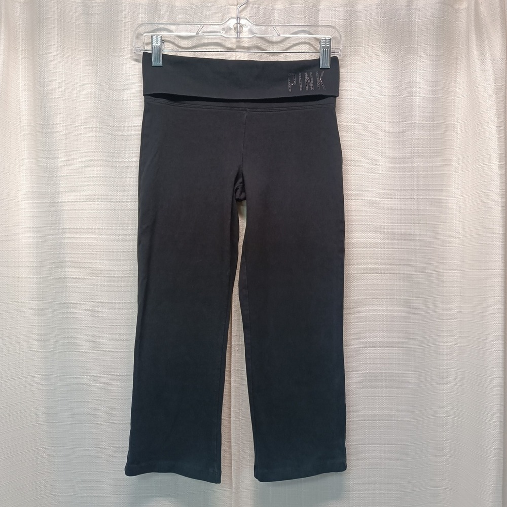 Pink Victoria's Secret Yoga Leggings XS‎ Black Rhinestone Foldover Cropped Y2K
